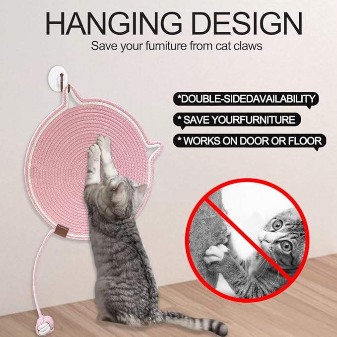Personalized Cat Scratcher Mat, Customized with Name Text Natural Cotton Rope Round Horizontal Cat Scratching Pads with Ball Toy, Cat Furniture Protector for Wall, Couch, Carpets, Sofa (Pink)