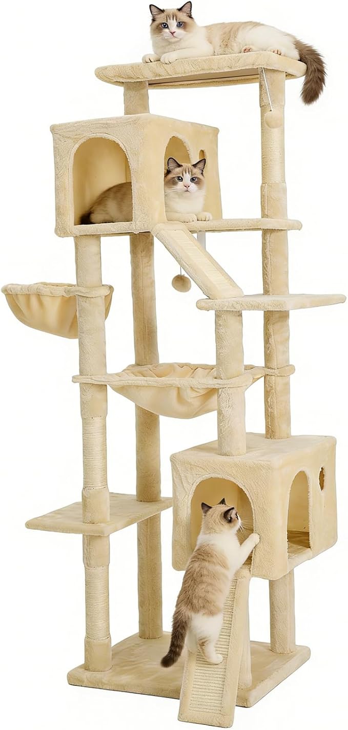 68.9-inch (175cm) Multi-Level Cat Tree with 2 Scratching Boards, 2 Plush Beds, Hammock & Toy Ball for Indoor Cats(Beige)