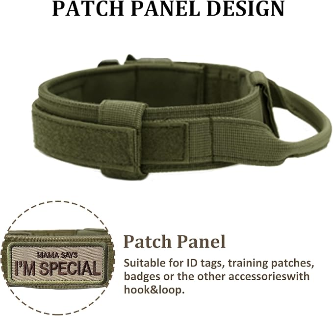 Tactical Dog Collar with Handle - Military Adjustable Dog Training Collar Soft Nylon and Heavy Duty Metal Buckle for Medium Large Dogs - with Patch (Green, Medium)
