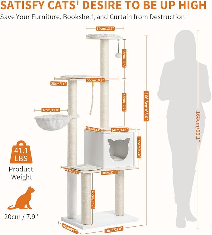 Made4Pets Cat Tree, Modern Cat Tree Tower for Indoor Cats - 65" Tall Wood Condo with Hammock, Scratching Post and Removable Pads for Small Large Cats, White