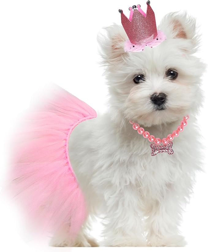 Dog Party Supplies Set - Pink Tutu Skirt, Birthday Hat, Necklace for Puppy Cat Halloween Wedding Costume