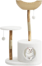 Wood Cat Tree Tower, Natural Wood & Rattan Scratching Posts, 59-Inch Cat Furniture with Condo & Woven Basket, Multi-Level Climbing Tree for Large Adult Cats