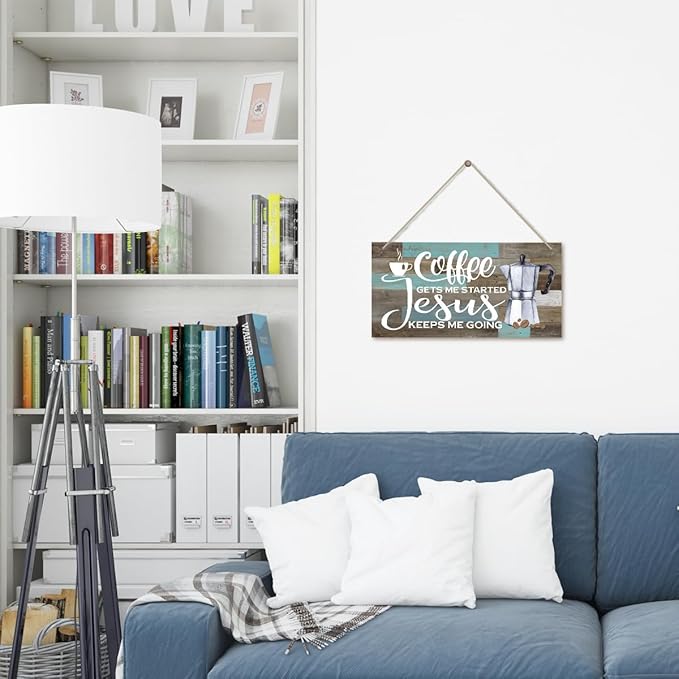 K7 Hanging Wooden Plaque Decor - Coffee Bar Sign, Jesus Keeps Me Going, Rustic Farmhouse Kitchen Wall Decor, 12x6 inch