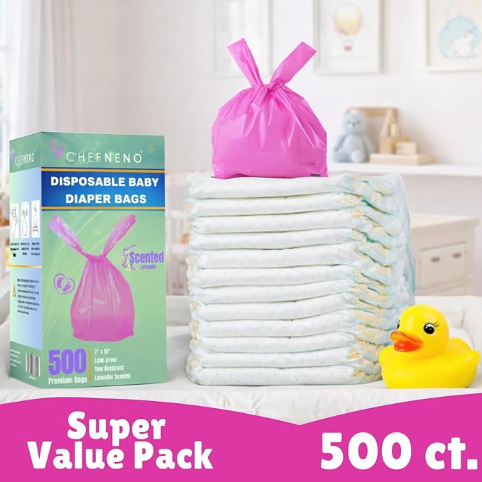 Baby Disposable Diaper Sacks (500 ct.) Lavender Scented, Easy-To-Tie Tabs, Diaper Disposal Pet Waste Bags Bulk Diaper Sacks Dog Poop Bags Cat Waste Bags Sanitary Pads Disposal (500 Bags, Pink)