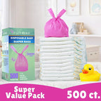 Baby Disposable Diaper Sacks (500 ct.) Lavender Scented, Easy-To-Tie Tabs, Diaper Disposal Pet Waste Bags Bulk Diaper Sacks Dog Poop Bags Cat Waste Bags Sanitary Pads Disposal (500 Bags, Pink)