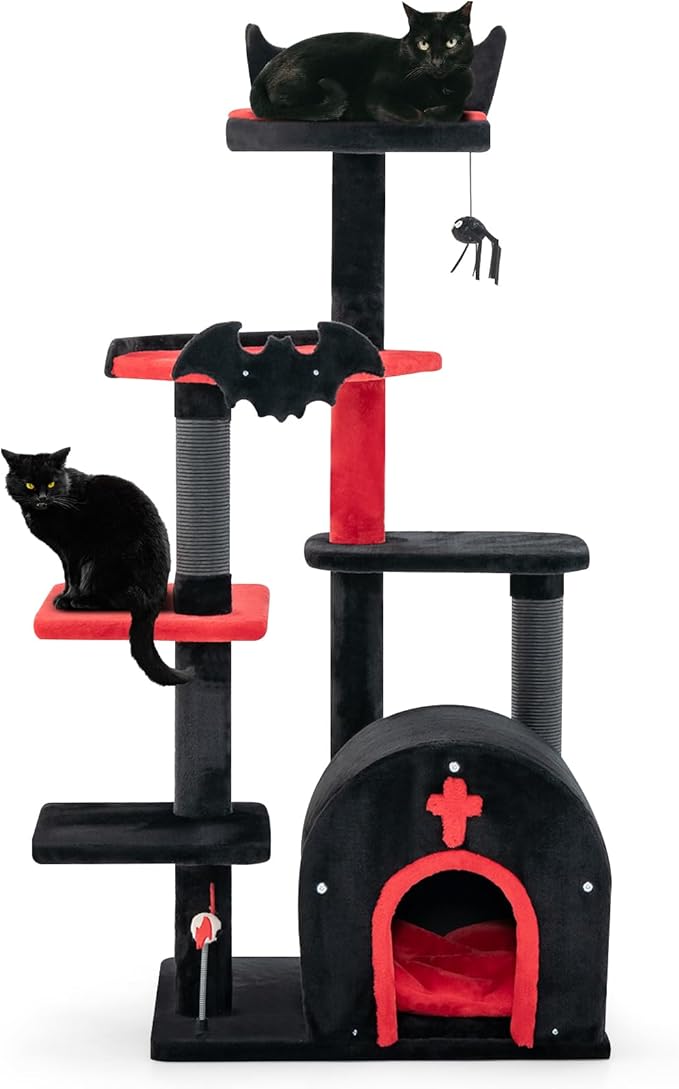 PETSITE Gothic Cat Tree, 53 Inch Multi-Level Cat Tower with Scratching Posts, Cat Bed, Arch-Shaped Condo, Pompom and Spring Balls, Goth Cat Tree for Indoor Cats Large