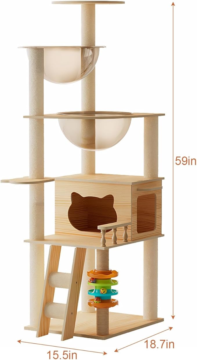 59" Modern Cat Tower, Wood Cat Tree Tower for Indoor Cats, Cat Treewith Sisal-Covered Scratching Posts and Top Perch, Cat Condo with Acrylic Hammock for Small Large Cats