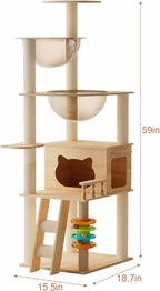 59" Modern Cat Tower, Wood Cat Tree Tower for Indoor Cats, Cat Treewith Sisal-Covered Scratching Posts and Top Perch, Cat Condo with Acrylic Hammock for Small Large Cats