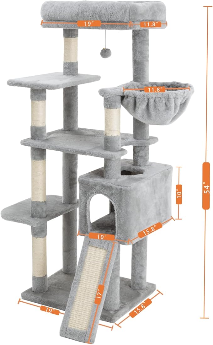 54 Inches Cat Tree, Tall Cat Tower with Hammock, Condo and Scratching Pad, Cat House with Plush Perch for Indoor Cats Adult