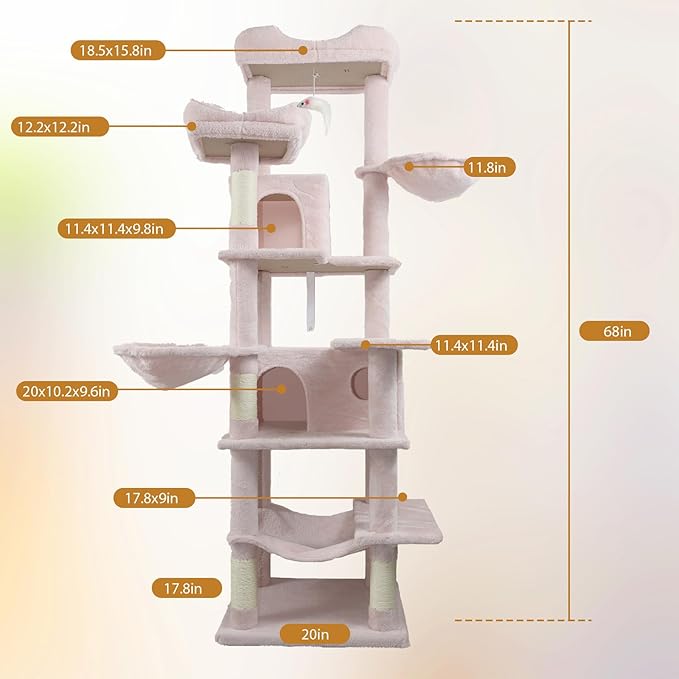 Anwick 68" Tall Cat Tree Tower with Scratching Posts, Cat House with Hammocks, Cat Condos for Indoor Cats, Removable Cushions, Multi-Level Cat Playground (Pink)
