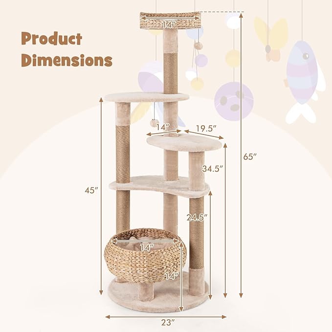 Tangkula Modern Cat Tree, 65 Inch Tall Cat Tower with Jute Scratching Posts, Dangling Balls, Cattail Basket Bed & Top Perch, Removable & Washable Cushions, Aesthetic Cat Tree for Indoor Cats