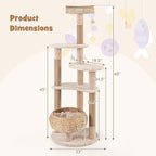 PETSITE 65-inch Cattail Cat Tree Tower, Multi-Level Cat Tower with Natural Jute Scratching Posts, Cat Bed, Top Perch, Dangling Balls and Jumping Platforms, Modern Tall Cat Tree for Indoor Cats