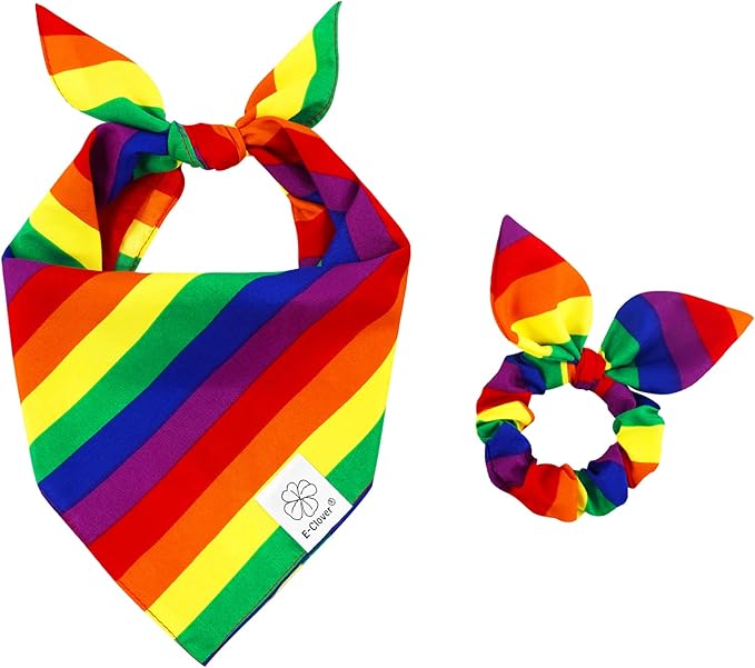 E-Clover Pride Dog Bandanas & Matching Scrunchie Set Rainbow Dog Bandana Scarf with Hair Tie for Medium Large Dogs Pet Owner Mom Gifts
