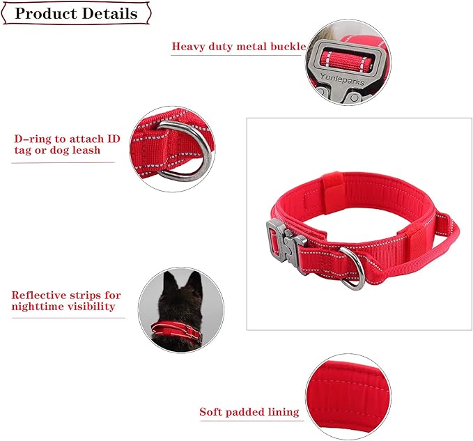Tactical Dog Collar with Heavy Duty Metal Buckle and Control Handle for Medium Large Dogs Training(Red, Medium)