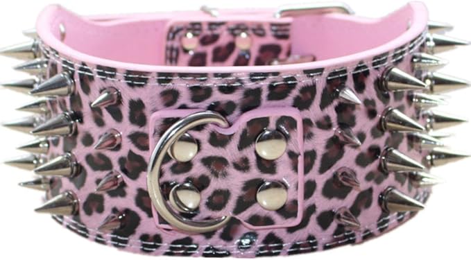 3" Sharp Spiked Studded Leather Dog Collar for Training,Sports,Walking,Medium,Large,X-Large,for Pitbull,Labrador,Boxer(Pink Leopard,L)