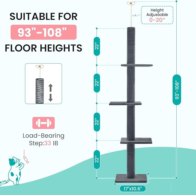 Max & Marlow Cat Tree Floor to Ceiling Cat Tower Height 95-108" Adjustable Kitten Tree Tall Climbing Tree with Carpet Scratching Post and Mat Cat Pole for Indoor Cats,Dark Grey