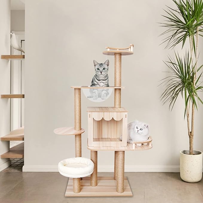 60in Cat Tree Tower for Indoor Cats,Modern Cat Tree Luxury Cat Tower Condo for Indoor Cats Large Adult with Scratching Post, House, Pompoms (Wood)