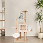 60in Cat Tree Tower for Indoor Cats,Modern Cat Tree Luxury Cat Tower Condo for Indoor Cats Large Adult with Scratching Post, House, Pompoms (Wood)