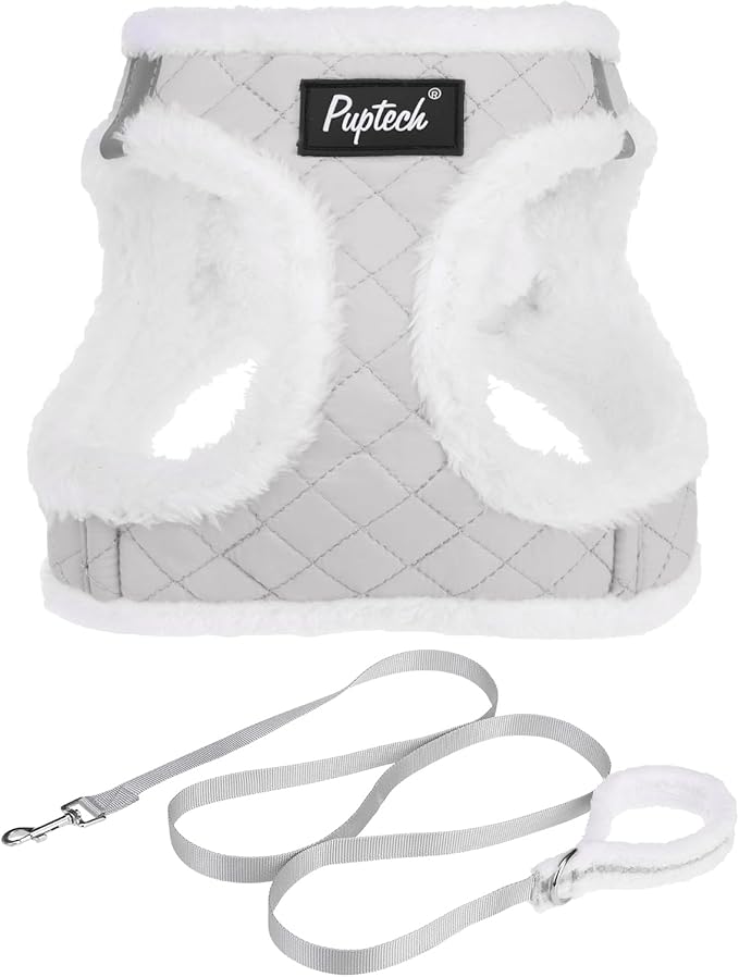 PUPTECK Plush Dog Harness and Leash Set for Small Medium Dogs No Pull Step-in Soft Mesh Puppy Cat Winter Vest Harnesses Reflective at Night Warm, Plush Grey, M