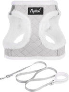 PUPTECK Plush Dog Harness and Leash Set for Small Medium Dogs No Pull Step-in Soft Mesh Puppy Cat Winter Vest Harnesses Reflective at Night Warm, Plush Grey, M