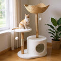 Cat Tree Tower with Bed - Wood Cat Scratching Post, Natural Wicker Tree Stand with Condo & Woven Basket, Multi-Level Climbing Trees Pet Furniture for Large Cats - One Platform