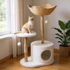 Cat Tree Tower with Bed - Wood Cat Scratching Post, Natural Wicker Tree Stand with Condo & Woven Basket, Multi-Level Climbing Trees Pet Furniture for Large Cats - One Platform