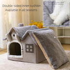 Luxury Double Roof Indoor Dog House Cat Nest,Foldable Warm Soft Kennel,30D High Elastic Memory Sponge,Removable Cushion and Non-Slip Bottom (Grey Double Roof, S)