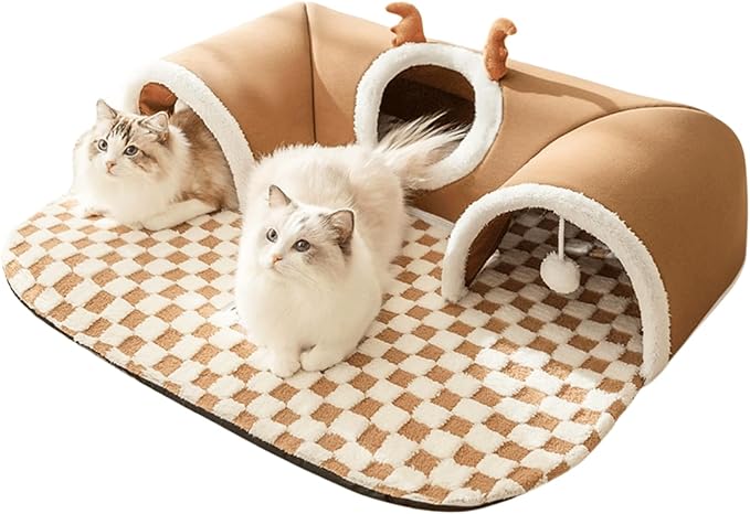 Cat Tunnel Bed Indoor,Cat Peekaboo Cave Bed for Multiple Cats,Kitty Tube with Balls Toys,Removable Small Dog House Washable,Small Animal Tunnel for Kitty,Bunny (Brown,X-Large)