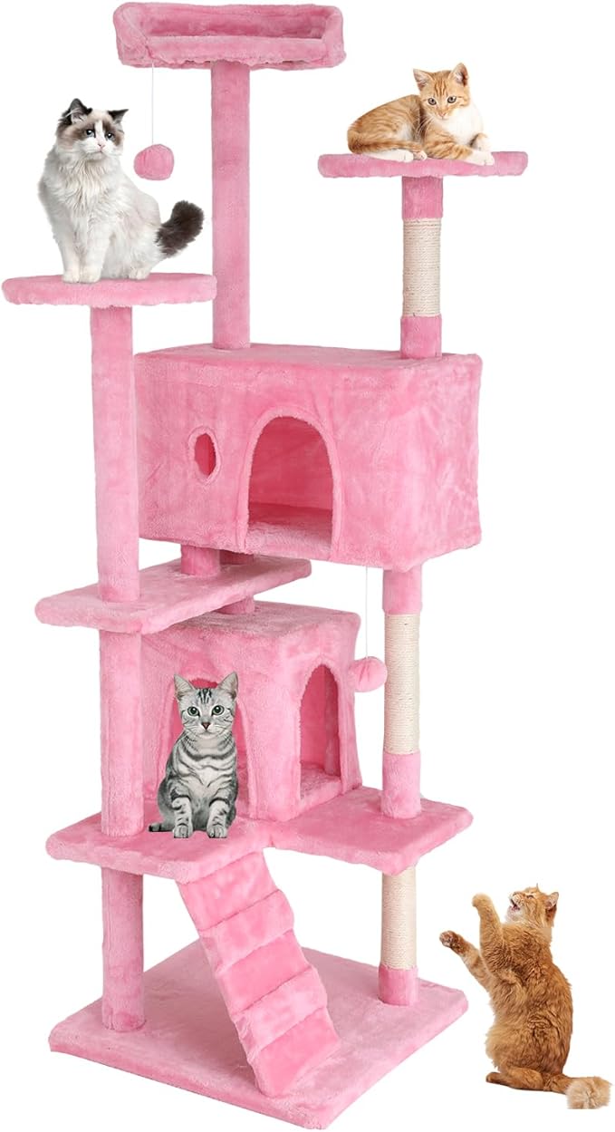 Cat Tree 70 Inches Cat Tower for Indoor Cats Multi-Level Cat Condo with Litter Box Enclosure,Scratching Posts for Indoor Cats (Pink)