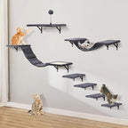 Wall-Mounted Cat Climber Set with Climbing Shelves, Perches, Bridge,Hammock,Scratching Board & Ball - 7 Pcs Wood Indoor Cat Furniture for Kittens Play (Dark Grey)