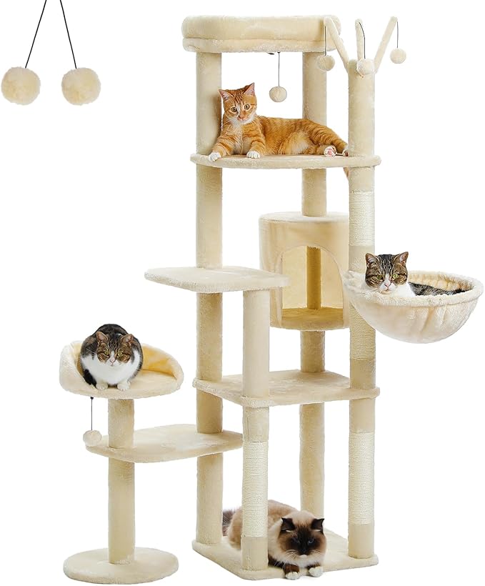 Large Cat Tree for Indoor Cats, 59" Tall Cat Tower with 3 Removable Pompom Sticks, Spacious Condo, Large Hammock and Scratching Posts, Sturdy Play House for Large Cats,Beige