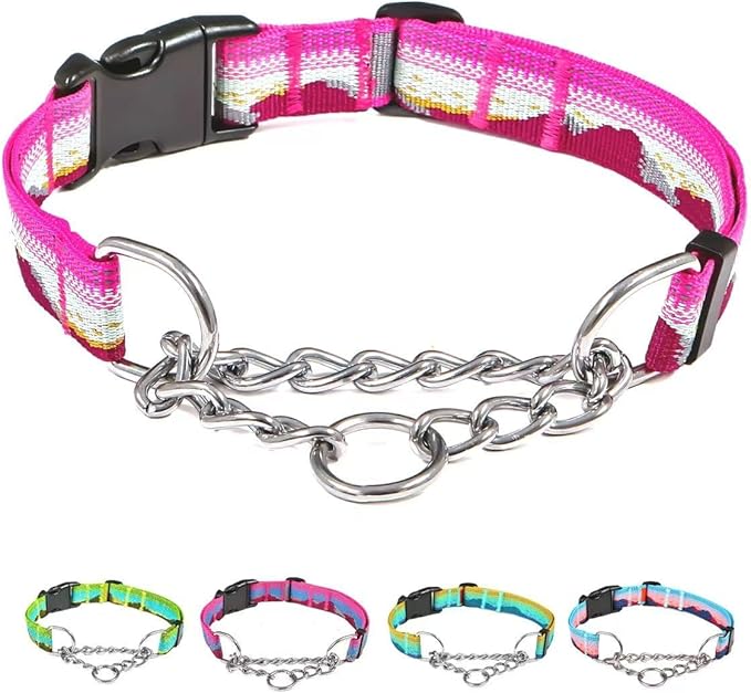 Martingale Dog Collars with Stainless Steel Chain, Reflective No Pull Walking Training Collar with Quick Release Buckle, Adjustable Slip Chain Nylon Dog Collars for Small Medium Large Dogs