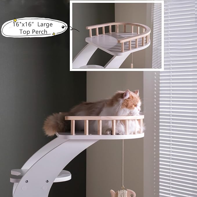 SHENGOCASE Modern Stylish 52.4 inches Tall Wooden Cat Tree Tower, Aesthetic Cat Condo Ladder with 5-Level Big Perch Platform Bed for Window Viewing Watching Large Cat Maine Coon