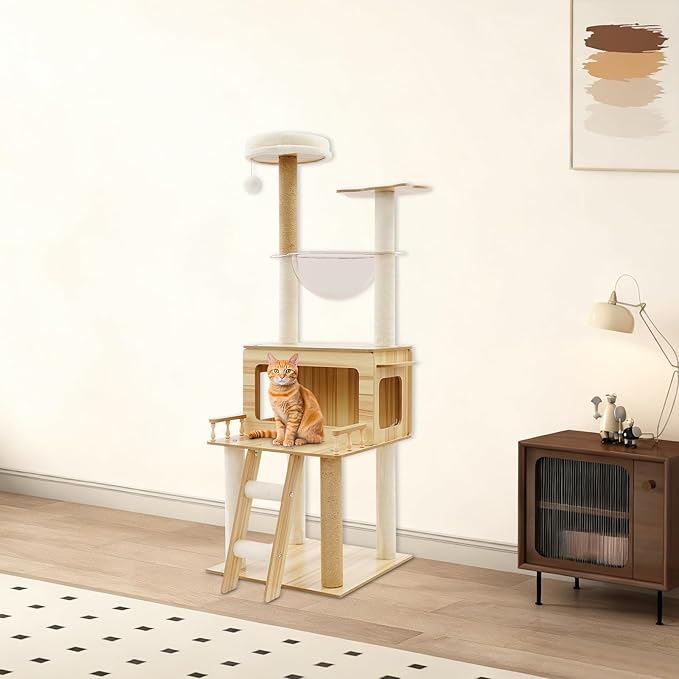 57.9in Wood Cat Tree Tower for Indoor Cat, Modern Minimalist Cat Furniture with Cat Scratching Post & Observation Deck, Suitable for Summer and Winter