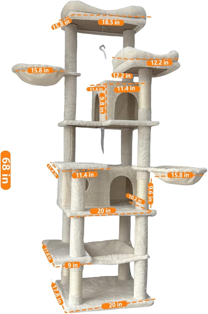 Montary 68" Multi-Level Tall Cat Tree Tower: with Removable Cushion, Hammock, Cozy Cat Nest, Interactive Toy& Comfortable Fabric,Beige