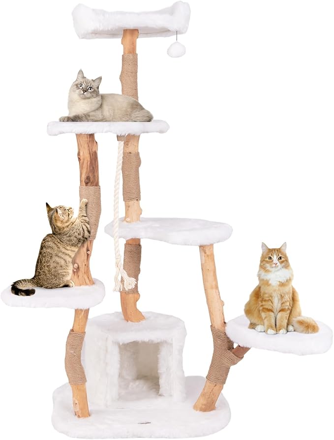 PETSITE 66 inch Tall Wooden Cat Tree Tower, Multi-Level Cat Tower with Jute Scratching Posts, Sisal Rope, Cat Condo, and Dangling Ball, Soft Long Plush, Modern Cat Tree for Indoor Cats Large Adult