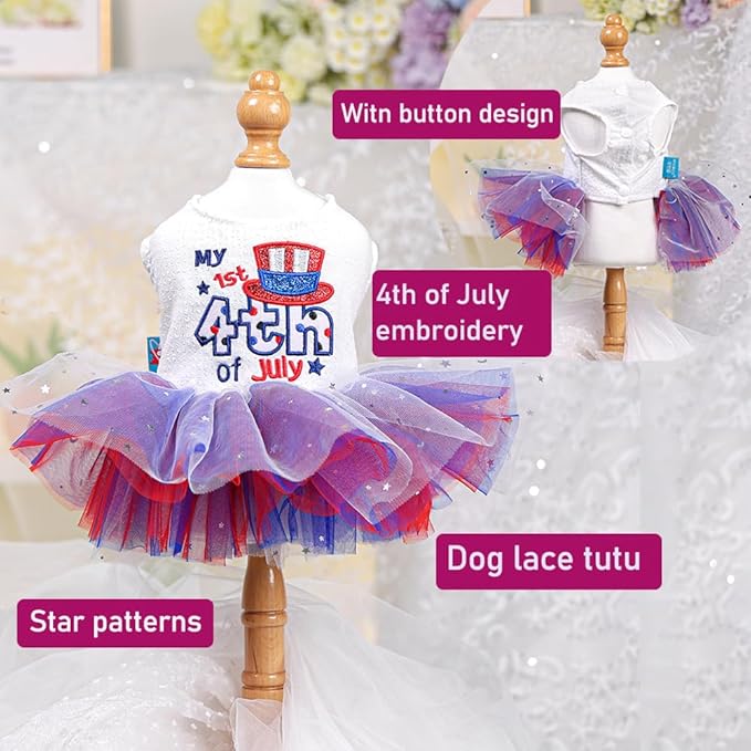 ANIAC 4th of July Girl Dog Dress with Stars Independence Puppy Clothes for Small Dog 1st Independent Day Cat Outfit Patriotic Pet Princess Tutu Skirt (Independence, Medium)