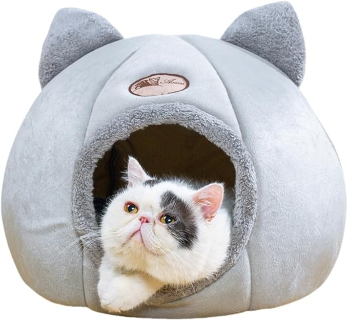 Cat Ear-Shaped Bed for Indoor Cats,Semi-Enclosed Kitten Bed with A Removable Mat & Non-Slip Bottom for Cat and Small Dog,Cats Hideaway (Gray, S:13×13×13in(33×33×33cm))