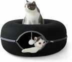 Peekaboo Cat Tunnel for Large Cats up to 30 lbs, Features A Jingle Ball, Removable and Washable Tunnel Bed, and a Cozy Donut Tunnel (Black, 24 Inches)