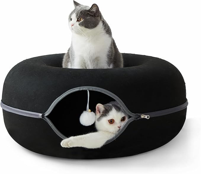 Peekaboo Cat Tunnel for Large Cats up to 30 lbs, Features A Jingle Ball, Removable and Washable Tunnel Bed, and a Cozy Donut Tunnel (Black, 24 Inches)