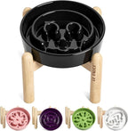LE TAUCI Ceramic Slow Feeder Dog Bowls Elevated, 0.6 Cups Raised Dog Bowl with Wooden Stand for Small Breed, Pet Dishes to Slow Down Eating, Skull Black
