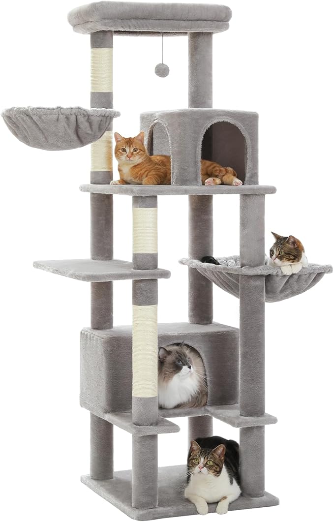 PEQULTI 66" Cat Tree for Indoor Cats, Tall Cat Tower for Large Cats with Scratching Post, Super Large Metal Hammock and 2 Big Condos, Grey