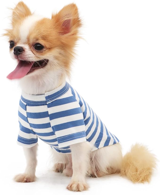 LOPHIPETS 100% Breathable Cotton Striped Dog Tee Shirt T-Shirt for Small Dogs Chihuahua Puppy Clothes -Blue and White Strips/XL