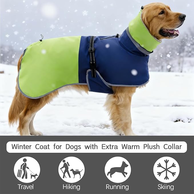 Waterproof Dog Winter Coat, Reflective Turtleneck Fleece Jacket with Snow Protection for Large Dogs, Cold Weather Pet Clothing (Green, 2XL)