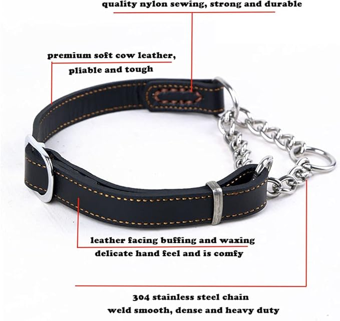 Love Dream Martingale Collars for Dogs, Leather Training Dog Collar, Stainless Steel Chain Anti-Escape No Pull Dog Collar for Medium Large Dogs (M(13.8"-18.9"), Black)