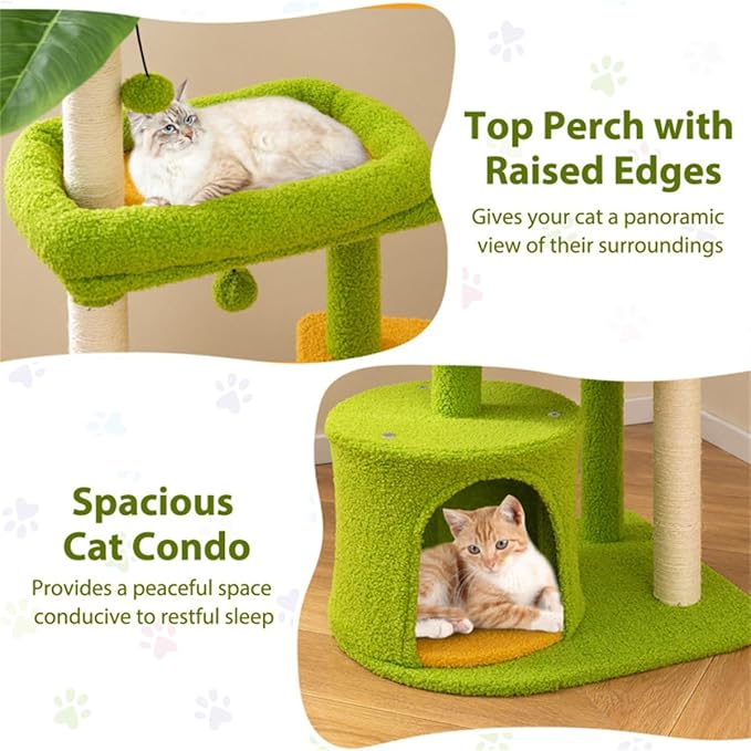 48" Cat Tree with Tropical Leaf Design – Self-Groomer, Scratching Posts & Space-Saving Tower