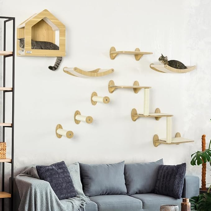 Sturdy Wall-Mounted Cat Tree with Multiple Perches, Soft Hammocks and Scratching Posts for Indoor Cats to Climb, Rest and Play