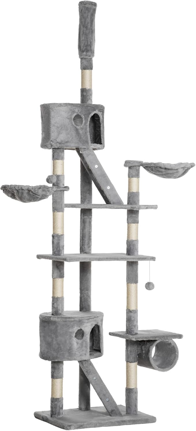 102" Tall Cat Tree Multi-Level Cat Tower for Indoor Cats with Cat Condo, Hanging Basket, Sisal Scratching Posts, Plush Balls and Hammock for Small Large Cats (Light Gray)