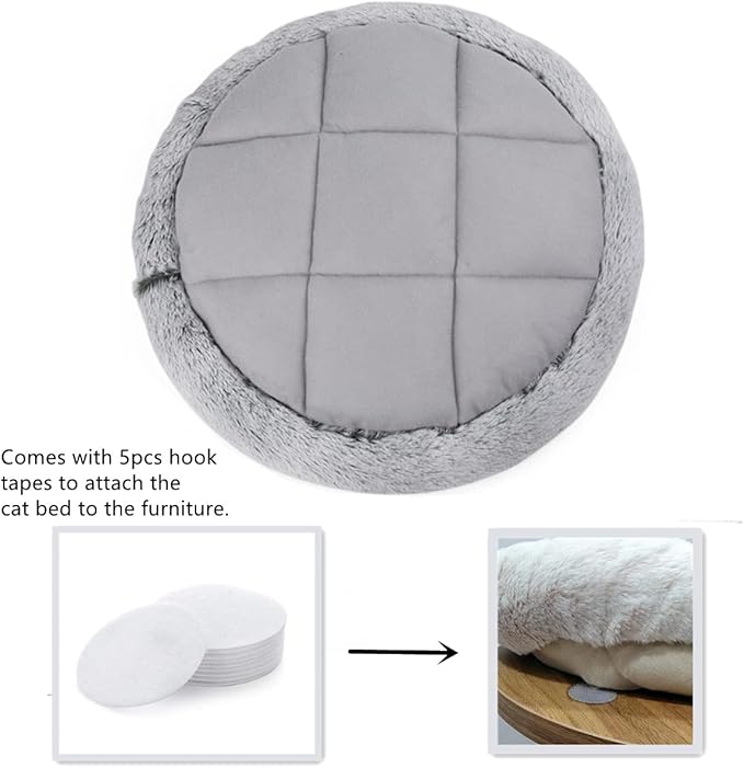 SHENGOCASE 18“ Fluffy Faux Fur Cat Tree Tower Replacement Bed Cushion Pillow with Hook Tapes, Round Donut Cuddler Cat Dog Bed for Desk Table
