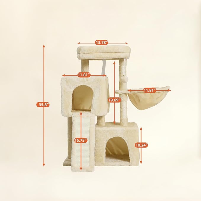 35.8-inch Cat Tree with Double Cat Beds & Hammock, Plush Perch Scratcher with Comfort Sleep Platform and Toy Ball for Indoor Cats (Beige)